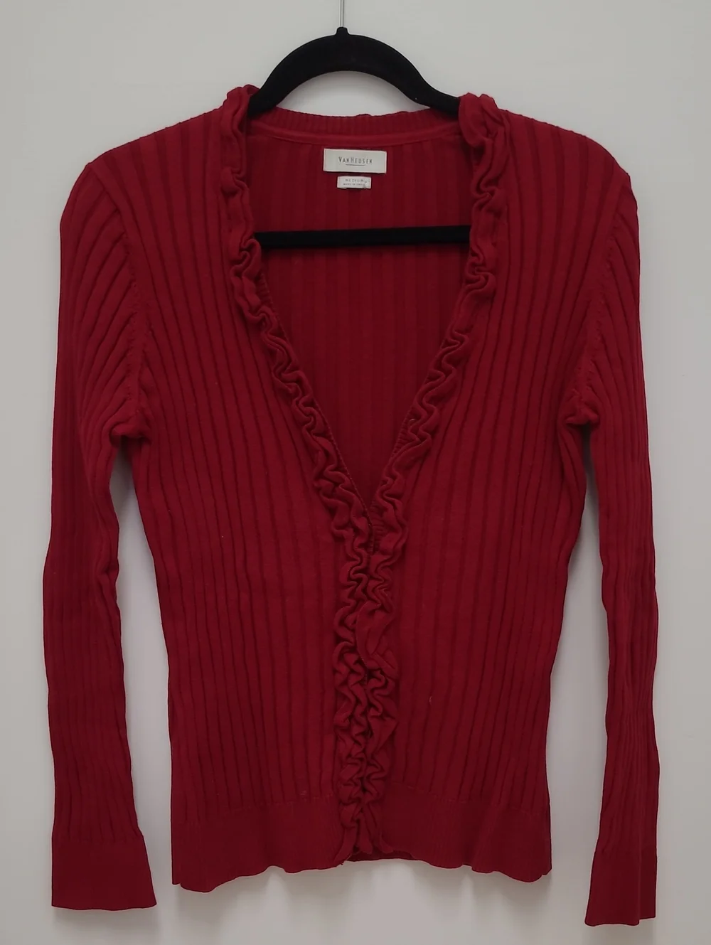 Van Heusen Red Ruffle-Trim Ribbed Cardigan - Picture 2 of 6